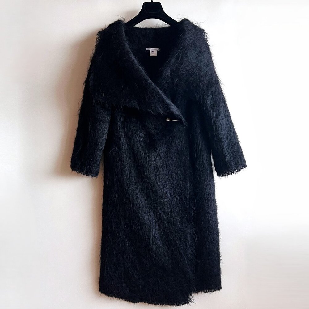 LIVIANA CONTI Women's Black Fuzzy Mohair Wool Wrap Coat, Size 42 Vintage 90s